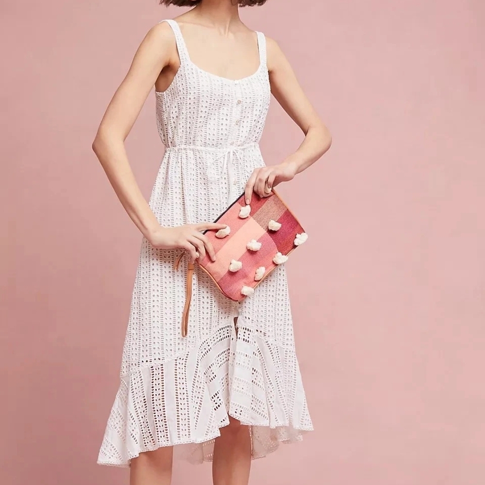 FARM Rio White Eyelet Midi Dress with Ruffle Hem